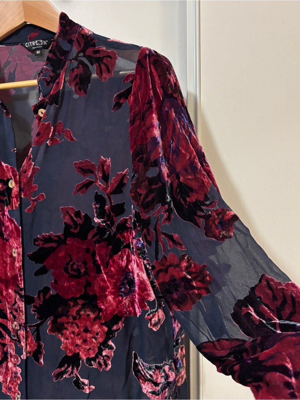 Citron Velvet Burnout Button Down Size M Floral Oversized Bohemian Romantic Silk